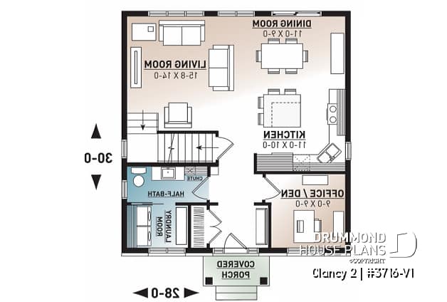 1st level - Transitional cottage design, low budget, 3 to 4 bedrooms, laundry room, kitchen island, open floor - Clancy 2