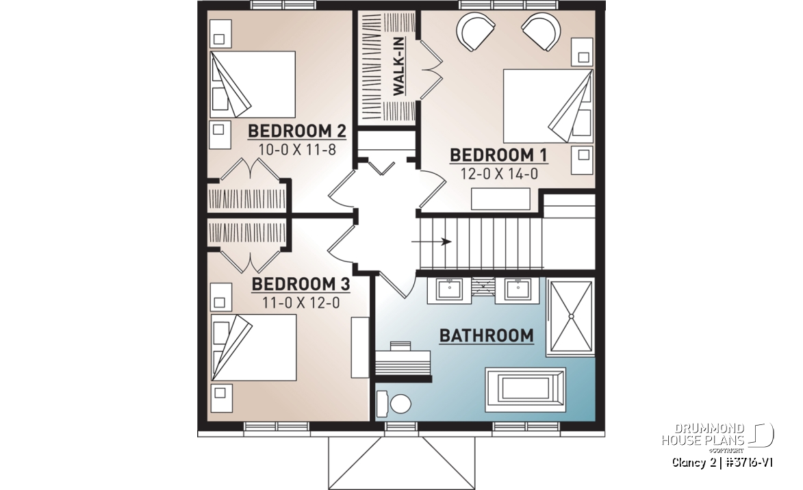 2nd level - Transitional cottage design, low budget, 3 to 4 bedrooms, laundry room, kitchen island, open floor - Clancy 2