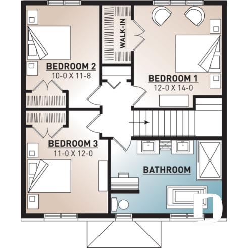 2nd level - Transitional cottage design, low budget, 3 to 4 bedrooms, laundry room, kitchen island, open floor - Clancy 2