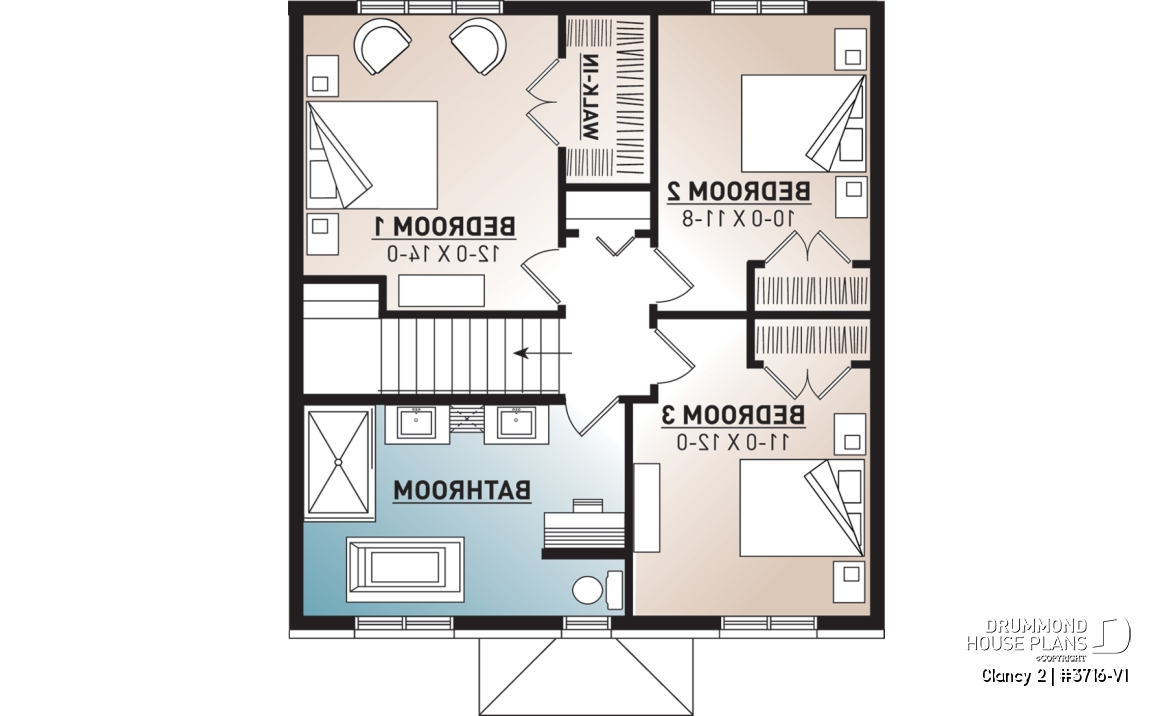 2nd level - Transitional cottage design, low budget, 3 to 4 bedrooms, laundry room, kitchen island, open floor - Clancy 2