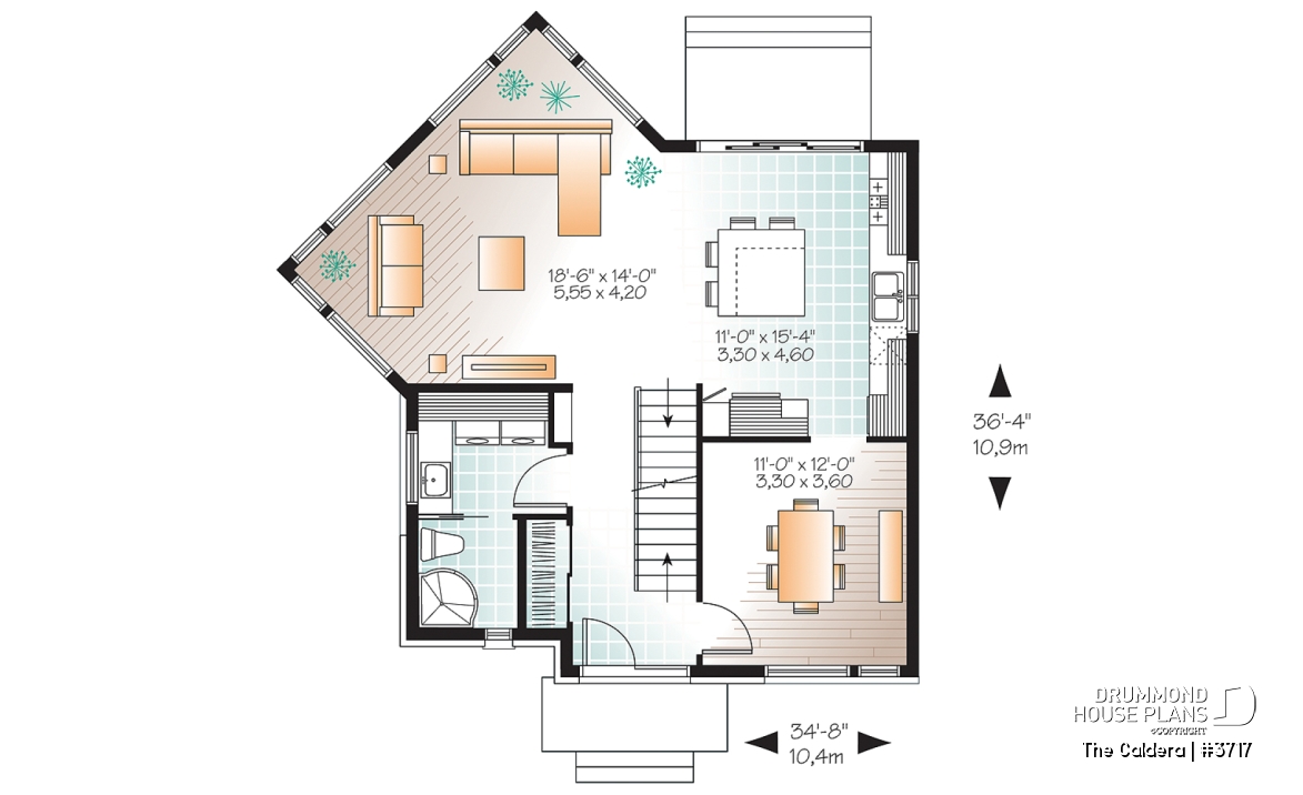 1st level - Uniquely styled, well fenestrated  3 bedroom Modern house plan, spacious and bright family room, formal dining - The Caldera