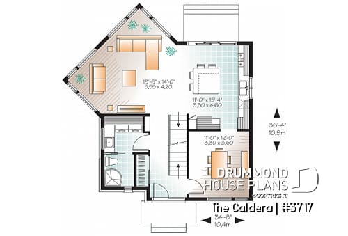 1st level - Uniquely styled, well fenestrated  3 bedroom Modern house plan, spacious and bright family room, formal dining - The Caldera