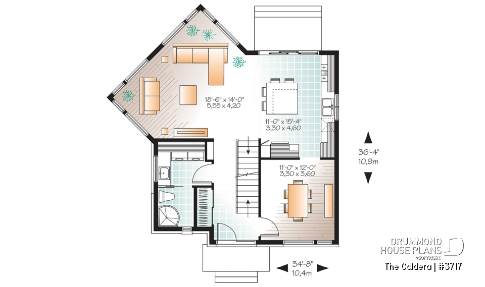 1st level - Uniquely styled, well fenestrated  3 bedroom Modern house plan, spacious and bright family room, formal dining - The Caldera
