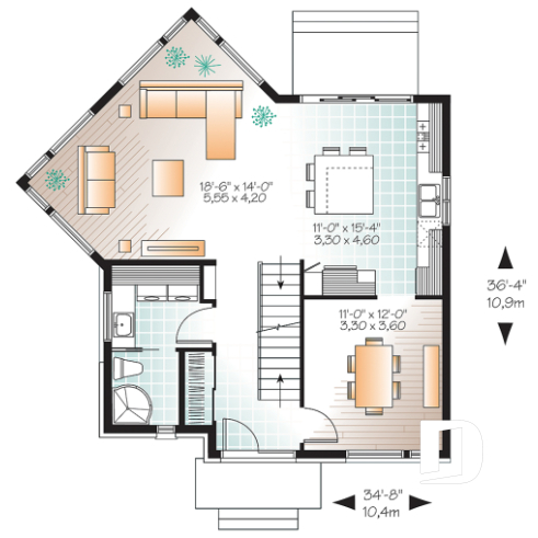 1st level - Uniquely styled, well fenestrated  3 bedroom Modern house plan, spacious and bright family room, formal dining - The Caldera