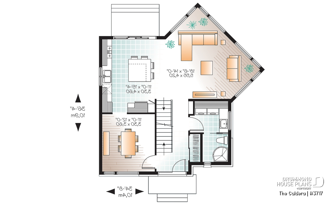 1st level - Uniquely styled, well fenestrated  3 bedroom Modern house plan, spacious and bright family room, formal dining - The Caldera