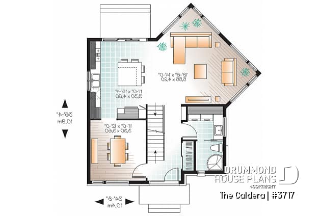 1st level - Uniquely styled, well fenestrated  3 bedroom Modern house plan, spacious and bright family room, formal dining - The Caldera