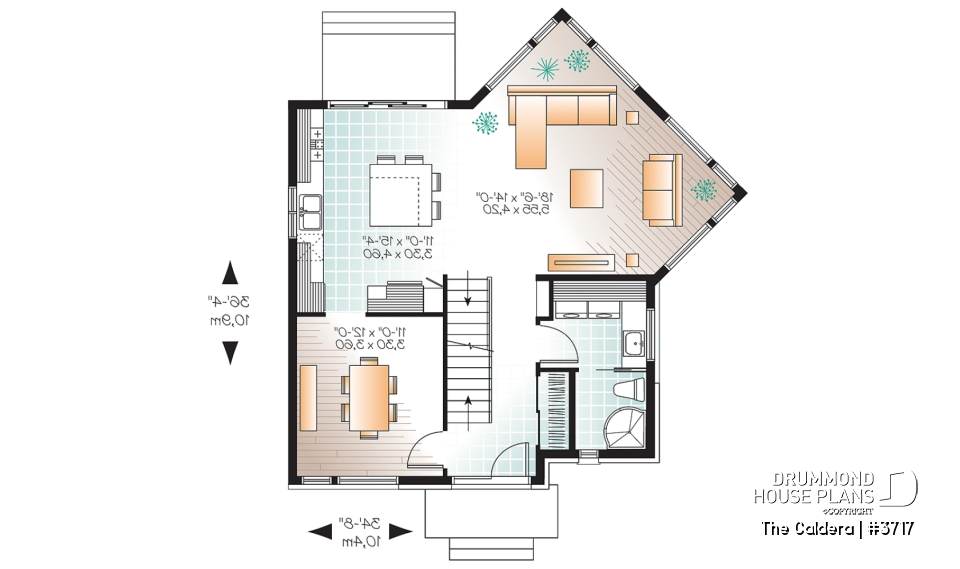 1st level - Uniquely styled, well fenestrated  3 bedroom Modern house plan, spacious and bright family room, formal dining - The Caldera