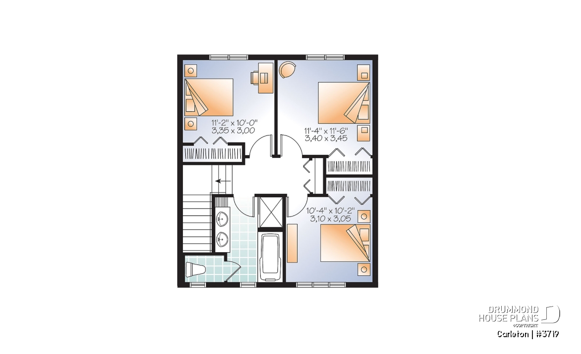 2nd level - Small 3 bedroom Traditional house plan with open living concept, large kitchen island and pantry - Carleton