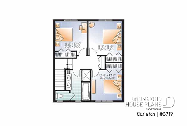 2nd level - Small 3 bedroom Traditional house plan with open living concept, large kitchen island and pantry - Carleton