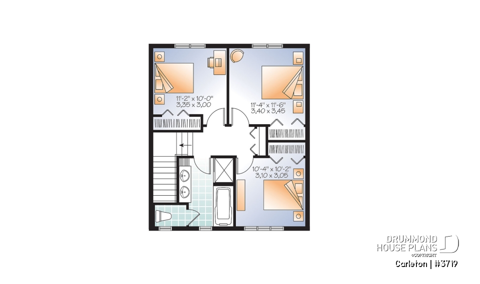 2nd level - Small 3 bedroom Traditional house plan with open living concept, large kitchen island and pantry - Carleton