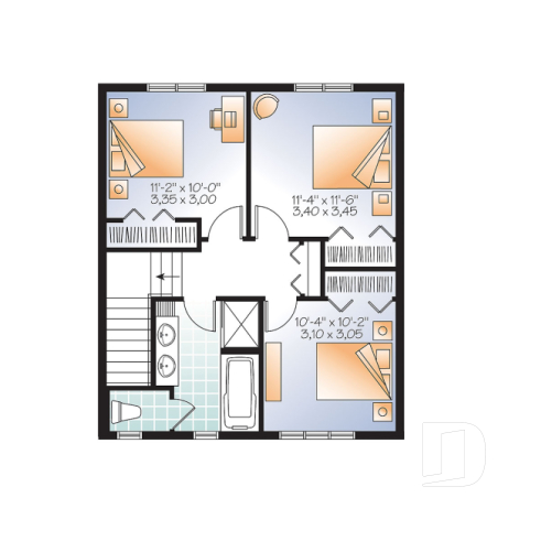 2nd level - Small 3 bedroom Traditional house plan with open living concept, large kitchen island and pantry - Carleton