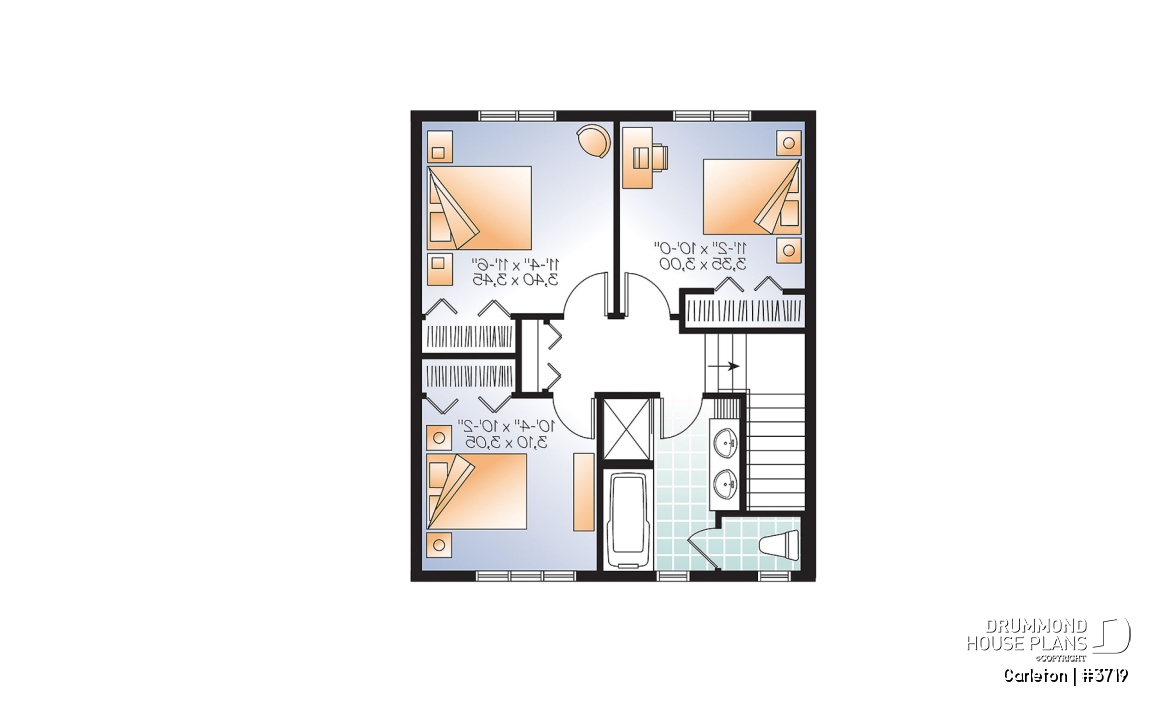 2nd level - Small 3 bedroom Traditional house plan with open living concept, large kitchen island and pantry - Carleton