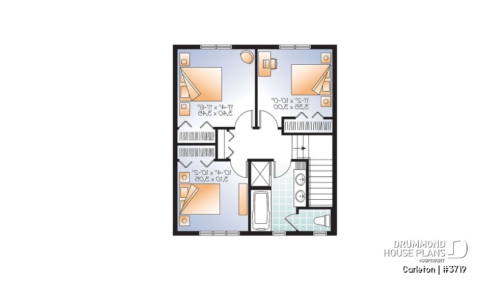2nd level - Small 3 bedroom Traditional house plan with open living concept, large kitchen island and pantry - Carleton