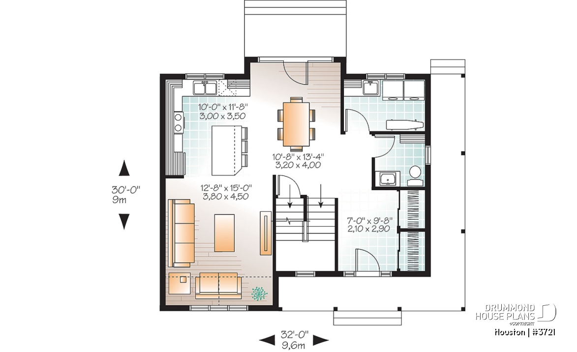 1st level - Transitional style house plan with wraparound porch, large kitchen island, open floor plan layout - Houston