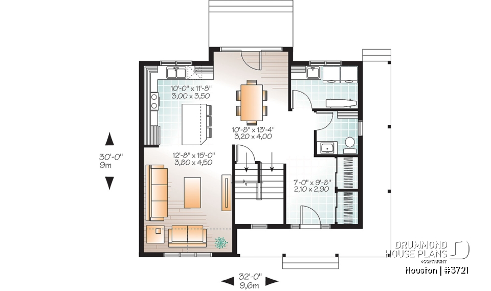 1st level - Transitional style house plan with wraparound porch, large kitchen island, open floor plan layout - Houston