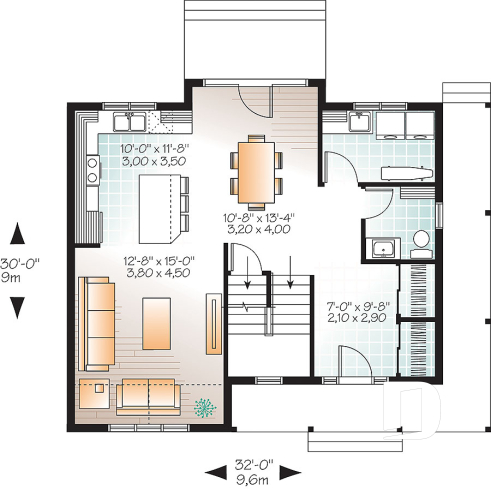 1st level - Transitional style house plan with wraparound porch, large kitchen island, open floor plan layout - Houston