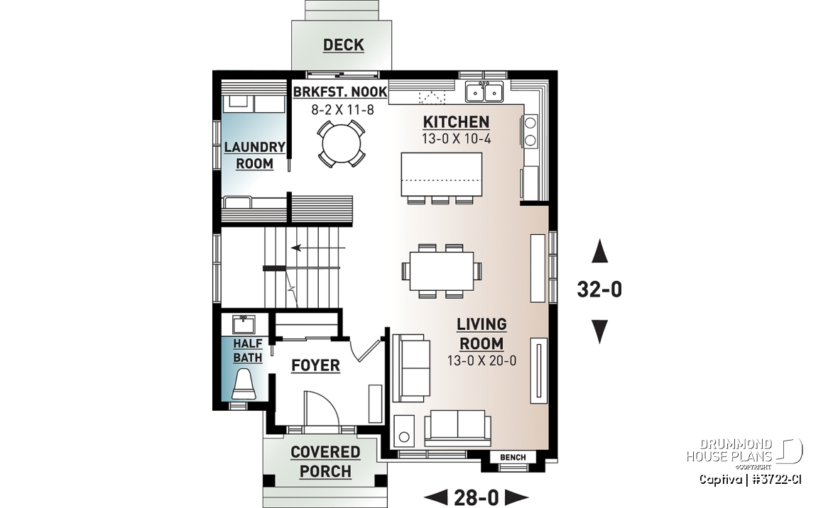 1st level - Modern open floor plan house plan, affordable 3 bedroom home, open floor plan, large island counter - Captiva