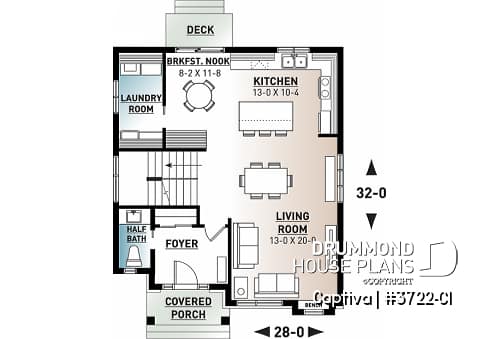 1st level - Modern open floor plan house plan, affordable 3 bedroom home, open floor plan, large island counter - Captiva