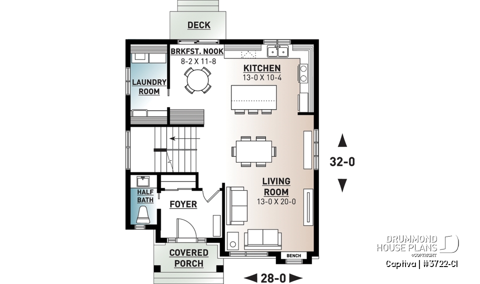1st level - Modern open floor plan house plan, affordable 3 bedroom home, open floor plan, large island counter - Captiva