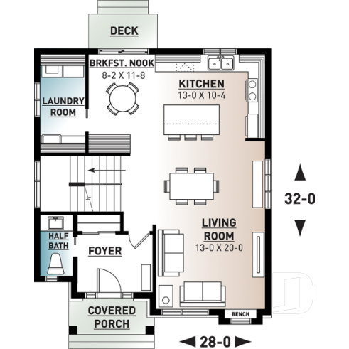 1st level - Modern open floor plan house plan, affordable 3 bedroom home, open floor plan, large island counter - Captiva