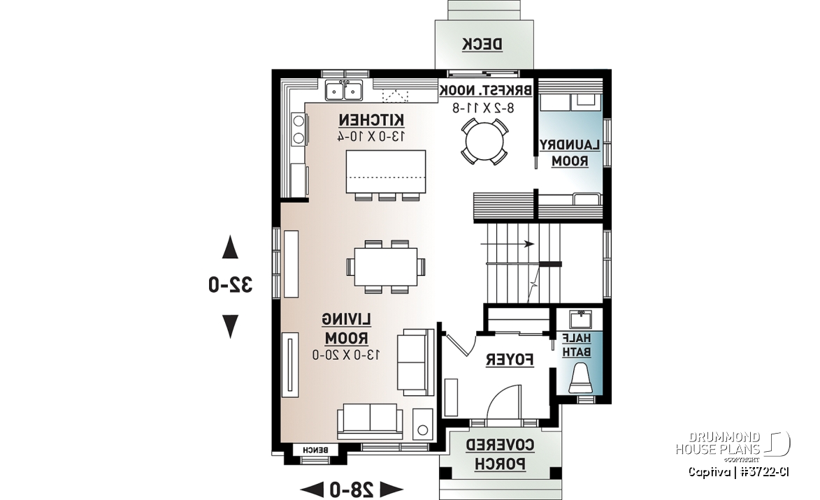 1st level - Modern open floor plan house plan, affordable 3 bedroom home, open floor plan, large island counter - Captiva