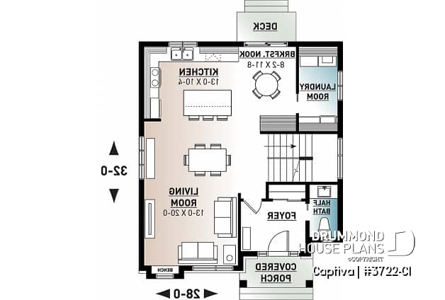 1st level - Modern open floor plan house plan, affordable 3 bedroom home, open floor plan, large island counter - Captiva