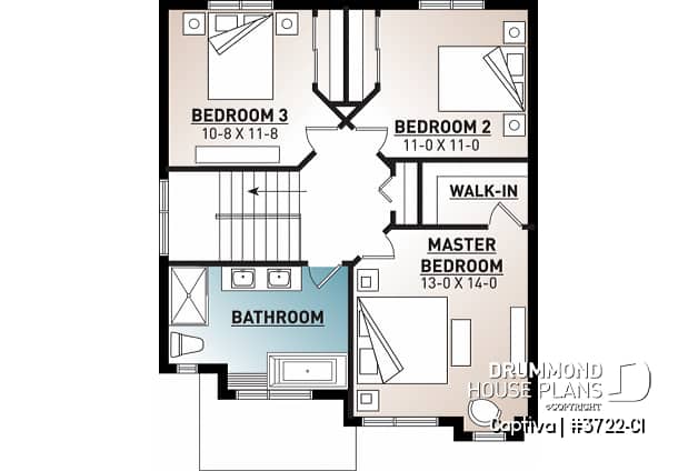 2nd level - Modern open floor plan house plan, affordable 3 bedroom home, open floor plan, large island counter - Captiva