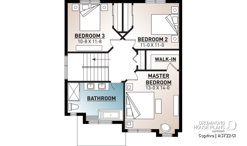 2nd level - Modern open floor plan house plan, affordable 3 bedroom home, open floor plan, large island counter - Captiva