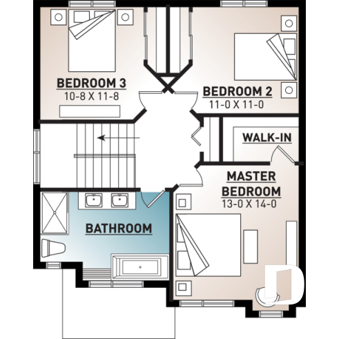 2nd level - Modern open floor plan house plan, affordable 3 bedroom home, open floor plan, large island counter - Captiva
