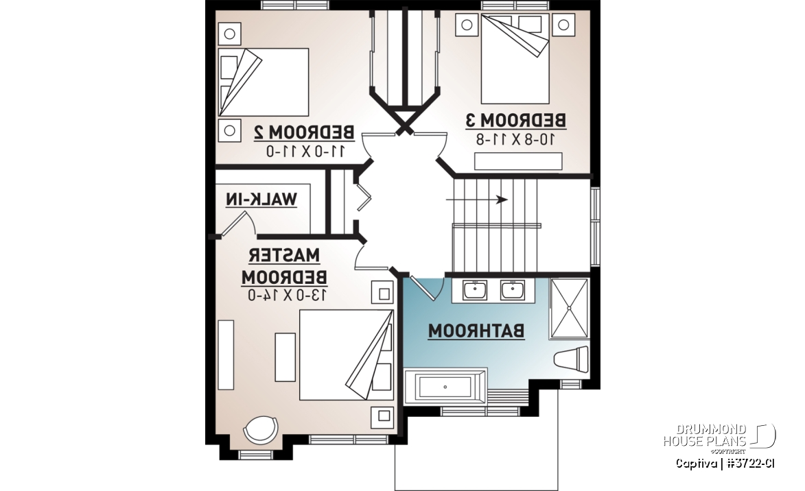2nd level - Modern open floor plan house plan, affordable 3 bedroom home, open floor plan, large island counter - Captiva
