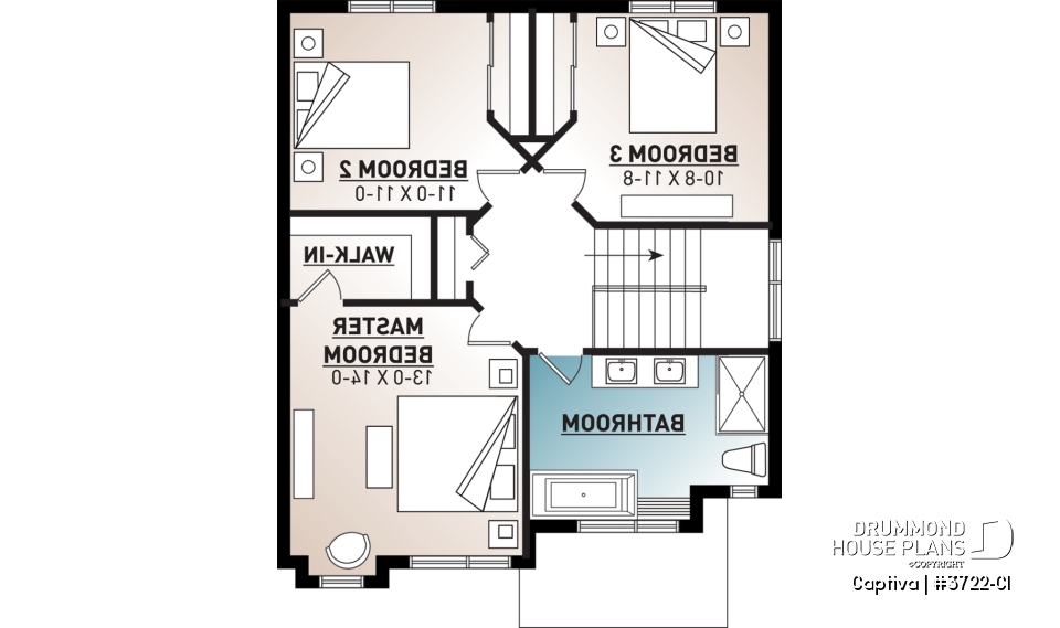 2nd level - Modern open floor plan house plan, affordable 3 bedroom home, open floor plan, large island counter - Captiva