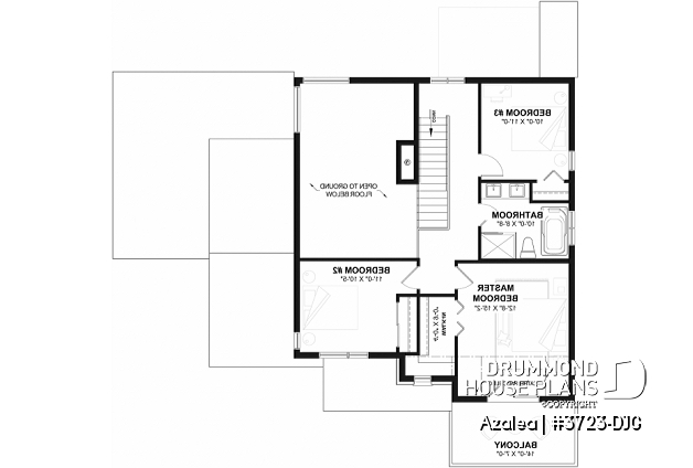 2nd level of house plan 3723-DJG 2nd level - 3 to 4 bedroom Modern Scandinavian house, master w/ private balcony, covered deck, den on main floor - Azalea