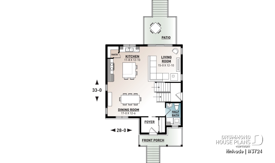 1st level - Economical modern rustic 2-storey home plan, open concept, large kitchen island, 3 bedrooms, large family bath - Kinkade