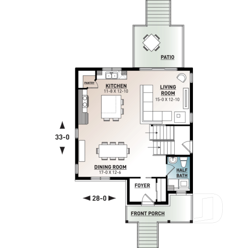 1st level - Economical modern rustic 2-storey home plan, open concept, large kitchen island, 3 bedrooms, large family bath - Kinkade