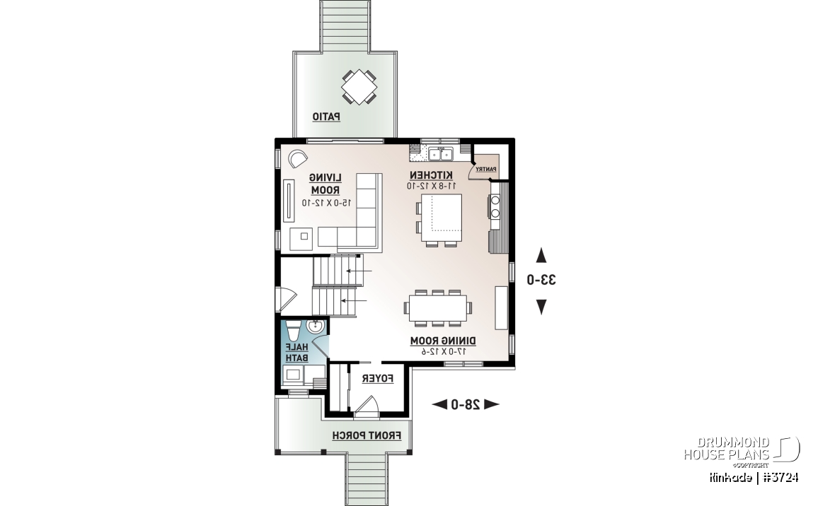 1st level - Economical modern rustic 2-storey home plan, open concept, large kitchen island, 3 bedrooms, large family bath - Kinkade