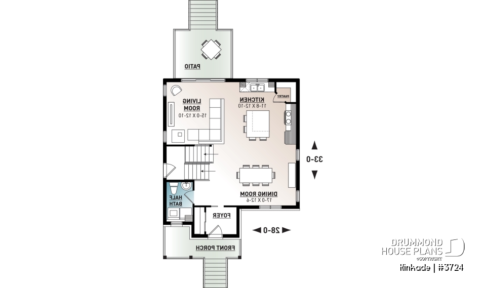 1st level - Economical modern rustic 2-storey home plan, open concept, large kitchen island, 3 bedrooms, large family bath - Kinkade