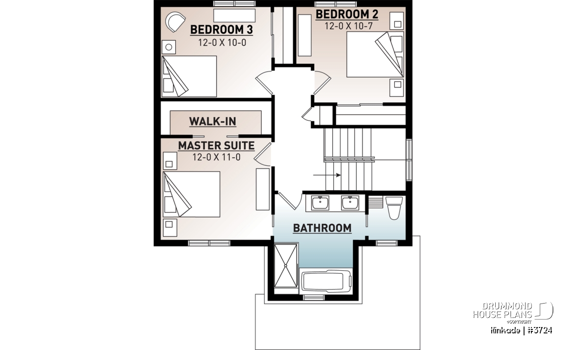 2nd level - Economical modern rustic 2-storey home plan, open concept, large kitchen island, 3 bedrooms, large family bath - Kinkade