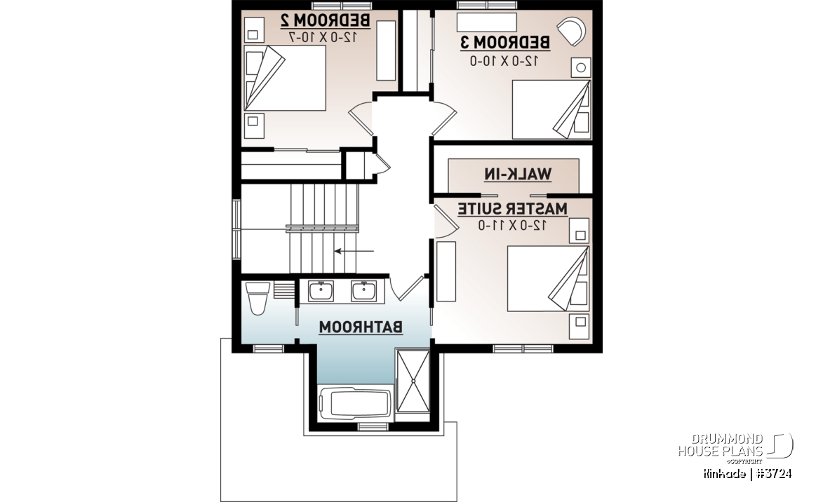 2nd level - Economical modern rustic 2-storey home plan, open concept, large kitchen island, 3 bedrooms, large family bath - Kinkade