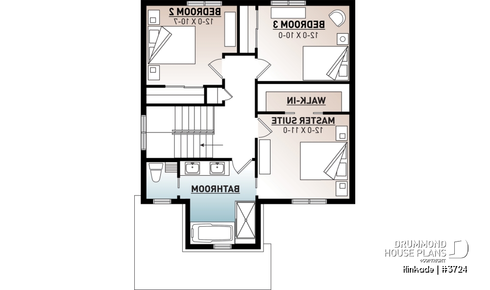 2nd level - Economical modern rustic 2-storey home plan, open concept, large kitchen island, 3 bedrooms, large family bath - Kinkade