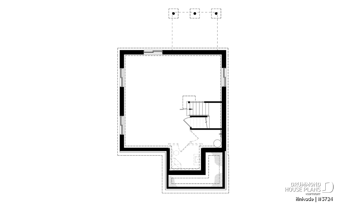 Basement - Economical modern rustic 2-storey home plan, open concept, large kitchen island, 3 bedrooms, large family bath - Kinkade