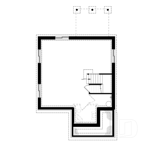 Basement - Economical modern rustic 2-storey home plan, open concept, large kitchen island, 3 bedrooms, large family bath - Kinkade