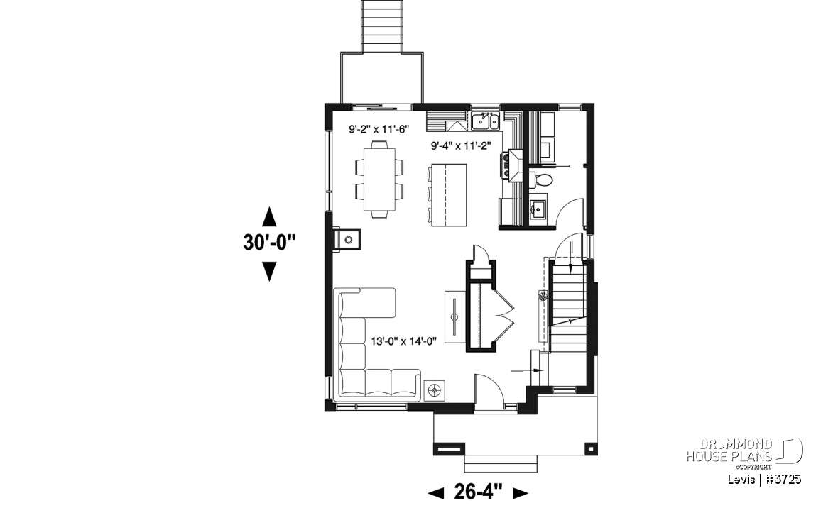 1st level - Modern house plan with kitchen island &amp; pantry, laundry on main floor, 3 bedrooms, large family bathroom - Levis