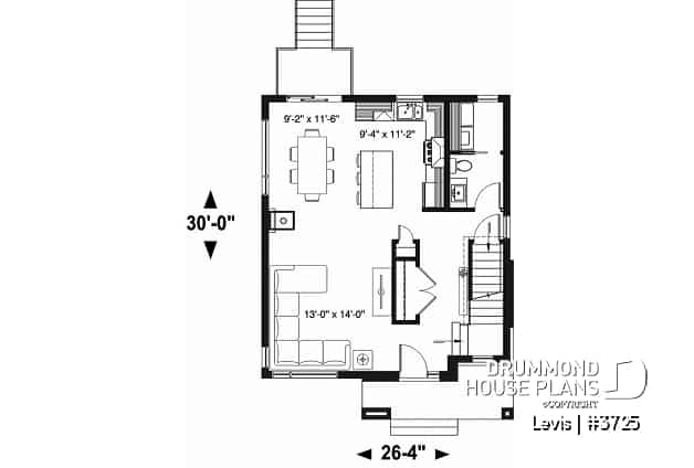 1st level - Modern house plan with kitchen island & pantry, laundry on main floor, 3 bedrooms, large family bathroom - Levis