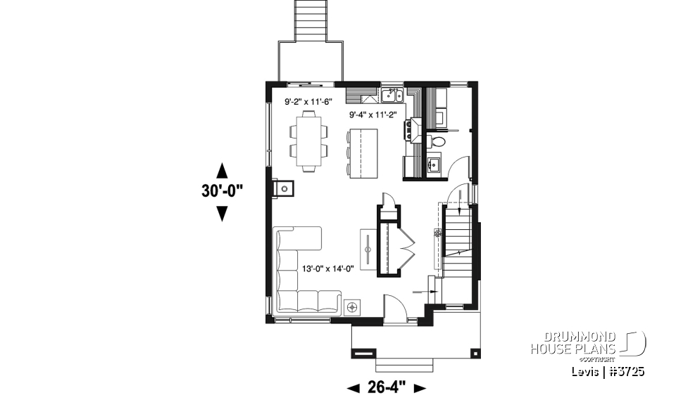 1st level - Modern house plan with kitchen island &amp; pantry, laundry on main floor, 3 bedrooms, large family bathroom - Levis