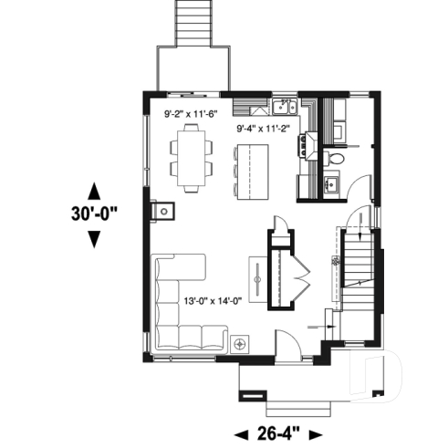 1st level - Modern house plan with kitchen island & pantry, laundry on main floor, 3 bedrooms, large family bathroom - Levis