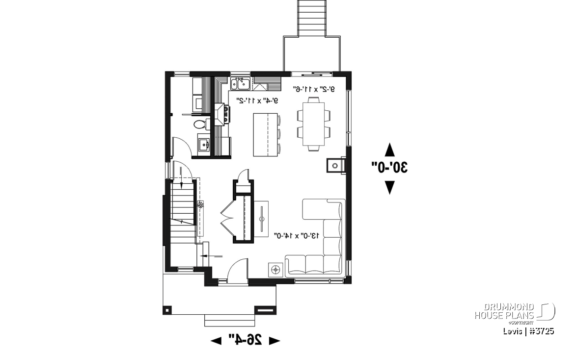 1st level - Modern house plan with kitchen island &amp; pantry, laundry on main floor, 3 bedrooms, large family bathroom - Levis