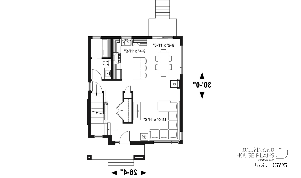 1st level - Modern house plan with kitchen island &amp; pantry, laundry on main floor, 3 bedrooms, large family bathroom - Levis