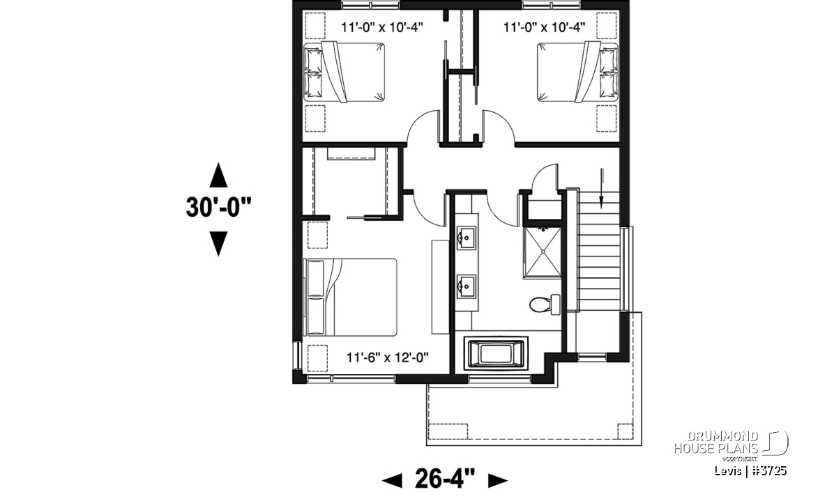 2nd level - Modern house plan with kitchen island &amp; pantry, laundry on main floor, 3 bedrooms, large family bathroom - Levis
