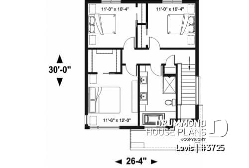 2nd level - Modern house plan with kitchen island & pantry, laundry on main floor, 3 bedrooms, large family bathroom - Levis