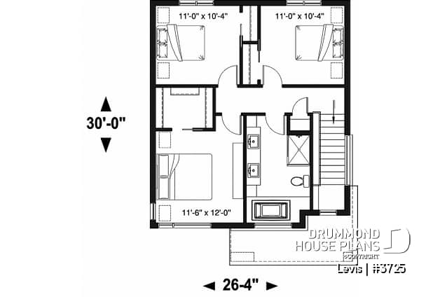 2nd level - Modern house plan with kitchen island & pantry, laundry on main floor, 3 bedrooms, large family bathroom - Levis